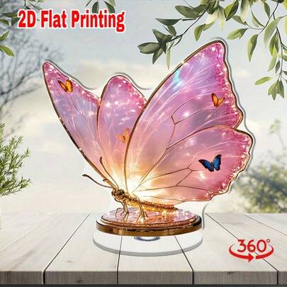 Decoración de mesa de mariposa giratoria de acrílico 2D - Diseño plano 2D con acentos vibrantes de rosa y dorado, sin electricidad requerida, adecuado para cumpleaños, Navidad, Acción de Gracias, decoración del hogar y la sala de estar, regalo ideal, decoración de mariposa, plano 2D, mejor para Navidad, perfecto para Acción de Gracias