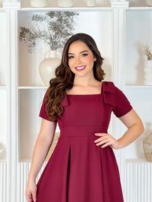 LivanModas Elegant Women's Viscose Dress With Sleeves And Bow Detail – Sophisticated Fashion - Màu Đỏ Sâu - Xem 3