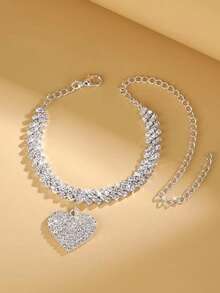 1Pc  Rhombus Bling Bling Chain Anklet Heart Pendant Double Layer Rhinestone Ankle