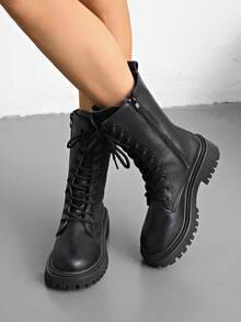 Giày bốt Punk mũi tròn buộc dây cao đến giữa bắp chân thời trang đa năng thoải mái cho nữ - màu đen - Xem 4