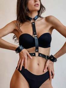 1/2/3件套女士性感可爱内衣套装，包含文胸、吊袜带和手铐/脚铐/手镯，角色扮演服装配饰，适合夜店派对。 - 黑色 - 查看 3