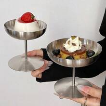 1 pieza Taza de acero inoxidable para helado, taza para servir postres, taza con pie para pudín, tazas para helado, tazas para salsa, taza para aperitivos y postres, vasos de acero inoxidable plateados