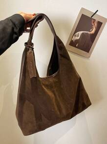 复古绒面革大容量休闲单肩托特包，拼布拼色托特包，优雅百搭女士通勤包 - 咖啡棕 - 查看 7