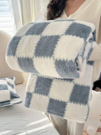 1pc Blue Plaid Pattern Soft & Cozy Blanket, Suitable For Home Decor, Bed, Sofa, Office, Room, Dorm, Machine Washable