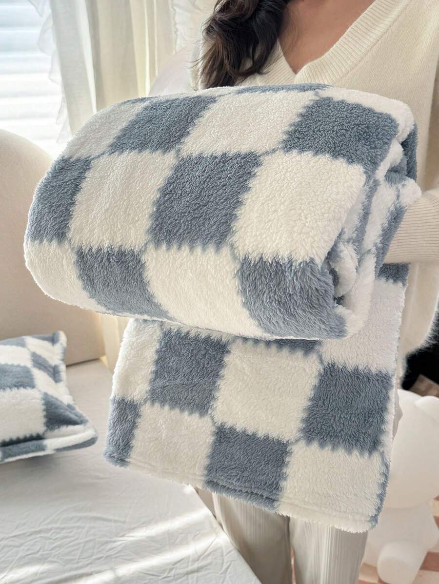 1pc Blue Plaid Pattern Soft & Cozy Blanket, Suitable For Home Decor, Bed, Sofa, Office, Room, Dorm, Machine Washable - Blue and White - View 1