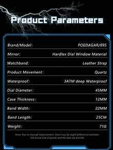 POEDAGAR 1件男士奢华防水夜光PU皮革石英腕表，男士运动日期星期显示腕表，休闲男士腕表，适合日常佩戴，男士礼物 - 均碼 - 查看 9