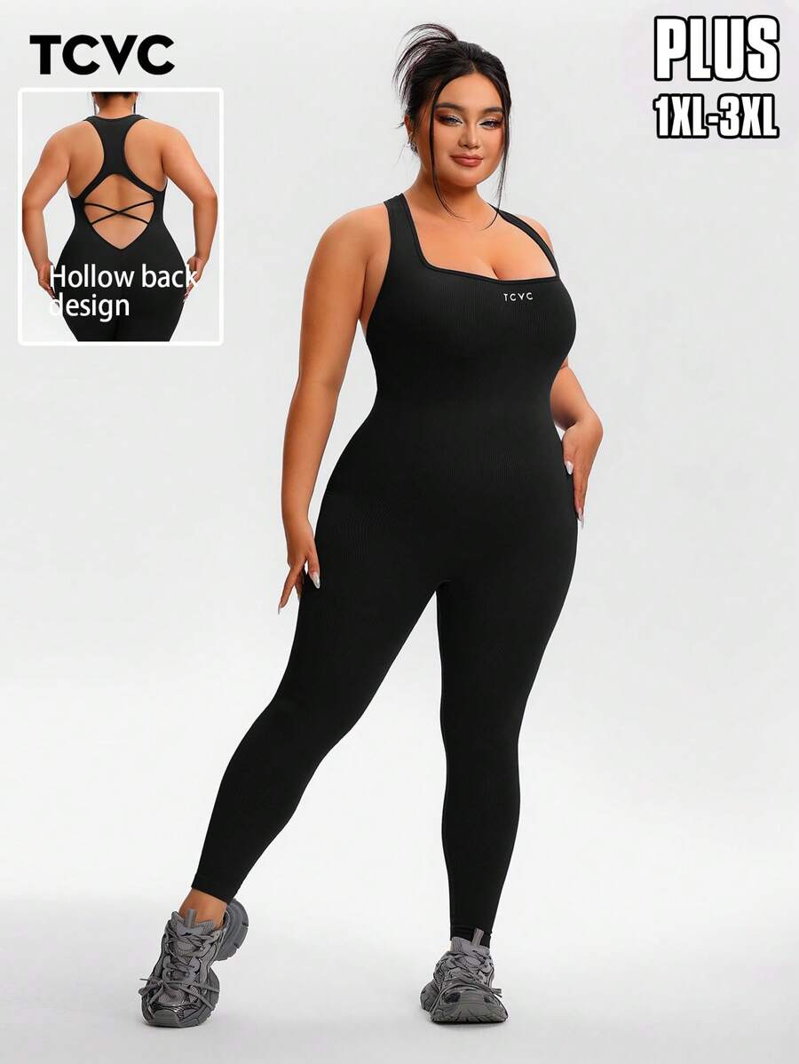 TCVC 加大码女式无袖交叉后背瑜伽连体衣，无缝针织，百搭休闲紧身塑身衣，适合瑜伽、户外运动，四季皆宜