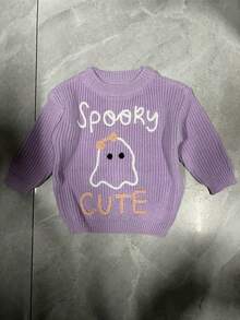 Toddler Baby Girl Halloween Sweater Letter Ghost Embroidered Long Sleeve Crewneck Knit Tops Cute Fall Clothes - Morado - Ver 2