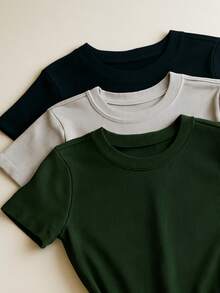 Kit 3 Short Sleeve Ribbed Blouses For Women, Basic, Elegant, Summer - Black/Gray/Green - View 2