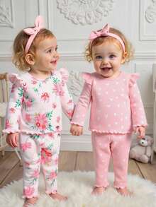 Baby Girls' Cute Round Neck Puff Sleeve Long Sleeve T-Shirt, Floral & Heart Print Leggings 4-Piece Outfit Set, Suitable For Daily Outings In Spring/Autumn