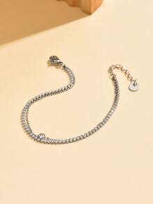 1pc/Pack Rhinestone Decorated Women Layered Thin Chain Bracelet, Fashion Versatile Jewelry Suitable For Various Occasions, Silver & Gold Color - Stacking - View 3
