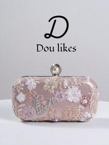 Elegant Sequin Embroidered Pink Evening Clutch Bag High-End Engagement Party Handbag For Cheongsam Dress With Metal Chain Graceful Lady Banquet Bag Suitable For Party Wedding Prom Formal Dinner/Banquet Perfect Match For Women's Graduation Prom Dress Prom Accessories Sequin Dress Shiny Dress Graceful Dress. Flowers