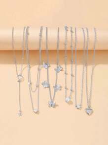 14 件套时尚、优雅、简约的蝴蝶、心形、星星和月亮 Y2K 吊坠项链，男女通用设计，适合度假、派对、约会、礼物、日常搭配、节日祝福 - 銀色 - 查看 2