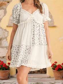Women's Floral Print Maternity Dress Bow Tie Front Ruffled Trim V Neck Short Sleeve A-Line Mini Dress For Spring/Summer - White - View 7