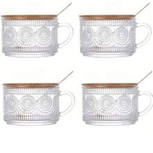 4-Piece Set 450ml/15.2oz, Overnight Oat Container With Bamboo Lid And Spoon - Transparent Embossed Glass Cup, Cute Coffee Bar Accessory, Iced Coffee Cup, Suitable For Halloween, Christmas, Easter, Thanksgiving. - Transparent - View 2