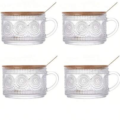 4-Piece Set 450ml/15.2oz, Overnight Oat Container With Bamboo Lid And Spoon - Transparent Embossed Glass Cup, Cute Coffee Bar Accessory, Iced Coffee Cup, Suitable For Halloween, Christmas, Easter, Thanksgiving.