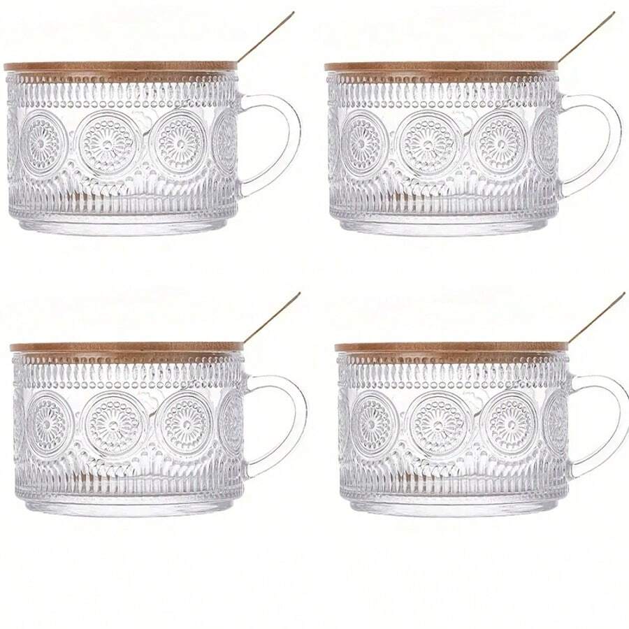 4-Piece Set 450ml/15.2oz, Overnight Oat Container With Bamboo Lid And Spoon - Transparent Embossed Glass Cup, Cute Coffee Bar Accessory, Iced Coffee Cup, Suitable For Halloween, Christmas, Easter, Thanksgiving.