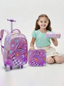 BLING BABIES 3 Pezzi Set Zaino con Ruote per Ragazze, Design Carino a Sirena con Paillettes Rosa, Zaino Scolastico con Ruote per Studenti delle Elementari, Bambini, con Borsa Pranzo e Astuccio