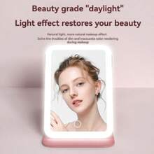 1个皮革LED化妆镜,梳妆镜,便携式高清化妆镜,亮度可调,可折叠,带支架和三色灯光,三折设计,内置可充电电池,USB充电,旅行必备,触摸屏调光化妆镜,送给女性的完美礼物,情人节礼物,圣诞节礼物 - 彩色 - 查看 9