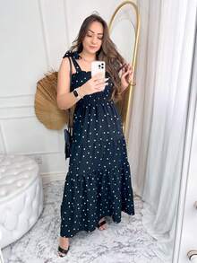 Long Dress With Elastic Straps / Crepe Polka Dot / 94% Polyester, 6% Elastane - 黑色 - 查看 1