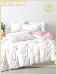 3pcs Pink Striped Bow Cute Digital Print Duvet Cover Set (1 Duvet Cover + 2 Pillowcases Without Insert) Daily Polyester Soft Skin-Friendly Indoor Bedroom Master Bedroom Guest Room All-Season Dorm Bedding Set, Dorm Decor, Aesthetic Bedding, Hot Home Textiles