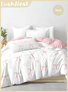 3 pièces Set de housse de couette avec imprimé numérique à nœud papillon rayé rose (1 housse de couette + 2 taies d'oreiller, sans inserts), fibre de polyester douce et agréable sur la peau pour une utilisation quotidienne, convient à la chambre à coucher, au dortoir en toutes saisons