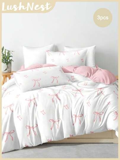 3pcs Pink Striped Bow Cute Digital Print Duvet Cover Set (1 Duvet Cover + 2 Pillow Shams, Comforter Not Included), Soft & Skin-Friendly Polyester, Suitable For Bedroom, Dorm, All Seasons