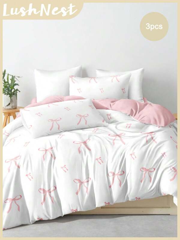 3pcs Pink Striped Bowknot Adorable Digital Print Duvet Cover Set (1 Duvet Cover + 2 Pillowcases, Without Inserts), Polyester Fiber Soft And Skin-Friendly For Daily Use, Suitable For Bedroom, Dormitory In All Seasons
