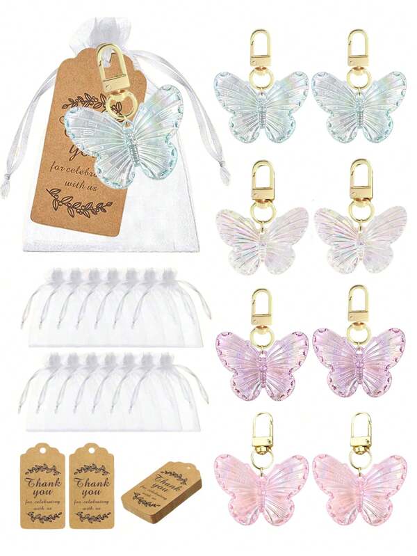 1pc/8pcs/16pcs Creative Butterfly Keychain Set,Colorful Butterfly Keychain Set,Comes With Transparent Hard Cloth Bag,Thank You Label,DIY Keychain,Creative Keychain,Backpack Pendant,Bag Accessories
