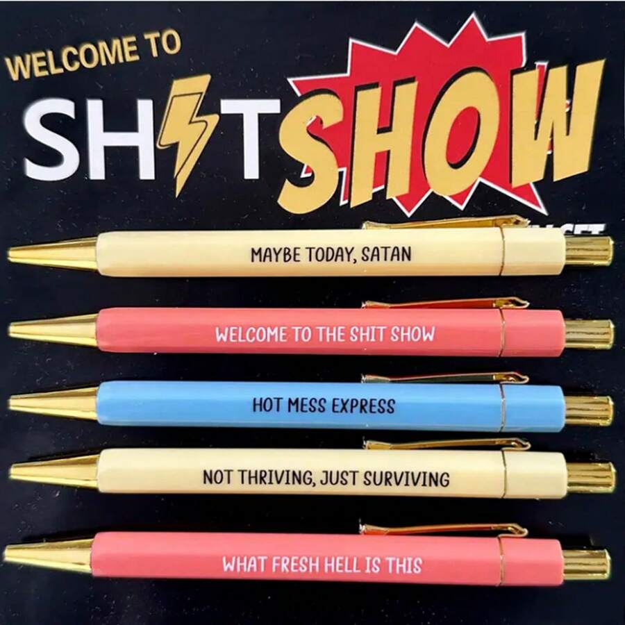 5/10/15/ 有趣的圆珠笔套装 - 1.0mm 笔尖，黑色墨水，生动的引语，粗俗的语言设计，送给同事的独特办公室礼物，个性化日常书写圆珠笔套装，带有幽默的引语，个性化圆珠笔套装（随机颜色），适用于学校用品，返校 - SHOW原子筆 - 查看 1
