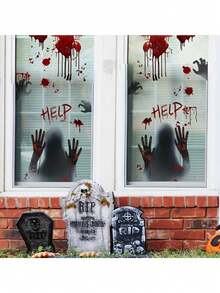 4 Stück/Set Halloween Horror Fensteraufkleber, Heimdekoration, Schrank, Feiertagsfeier, Halloween Party Dekoration, gruselige Atmosphäre Aufkleber, Familientreffen, Glastür, Szenenatmosphäre Anordnung, Themenparty - Verschiedenfarbig - Übersicht 4