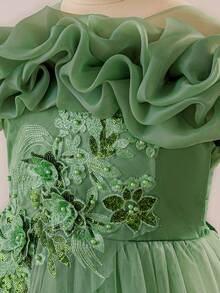 Tween Girls Sequin & Faux Pearl Applique Tulle Puff Party Princess Dress, Suitable For Birthday Celebration, Prom, Faux Pearl Decor, No Headband Included - màu xanh lá - Xem 6