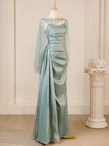 Fall Glamorous Elegant Spaghetti Strap Formal Evening Prom Wedding Guest Gown, With Draped Side,For Graduation, Dinner - Baby Blue - View 4