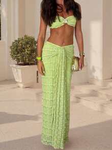 Women Summer Outfits Cute Shells Crop Bandeau Tops and Elastic Tie Front Skirt Set for Streetwear Aesthetic Clothes - Verde - Ver 4