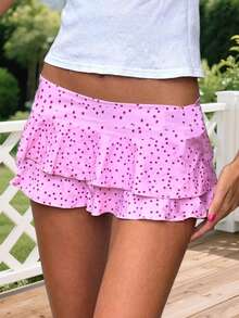 Layered Ruffle Mini Skirt For Women Summer Dots/Stripe/Heart Print/Solid Color High Waist Short Skirts - Mauve Purple - View 3