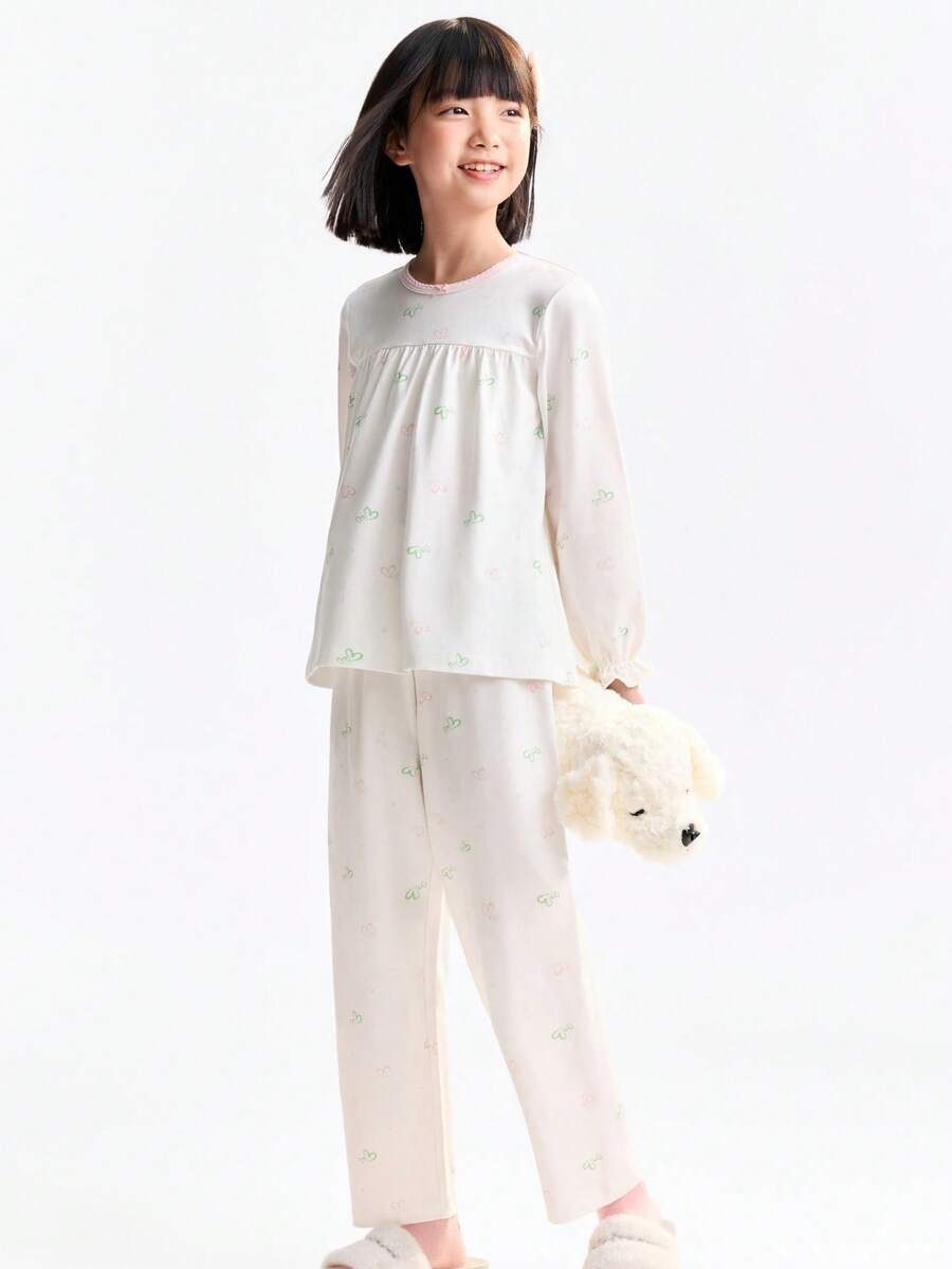 Annil Kinderkleidung, Mädchen- und Teenager-Rundhals-Langarm-Sets, herzförmig bedruckte Prinzessin-Stil Hausanzüge für den Herbst