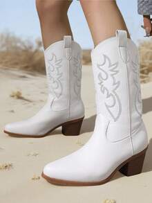 Stylish Women's Cowgirl Boots Retro Embroidered Pointed Toe Pull-On Chunky Heel Party Dress Outdoor Mid Calf Western Boots