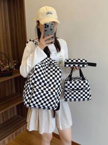 3件套返校背包套装，个性化时尚大容量背包+手提包+铅笔盒，多功能背包带笔记本电脑隔层，格子图案耐用尼龙书包，可调节肩带，防水，宽敞多口袋，轻便易携，拉链设计，适合女性、青少年和男性，也适合户外旅行、中学、高中和大学使用。 - 黑色 - 查看 11