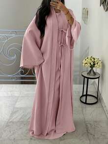 ANCHOSE Women's Middle Eastern Elegant Sleeveless Maxi Dress And Bowknot Long Cardigan Two Pieces Set - Baby Pink - View 1