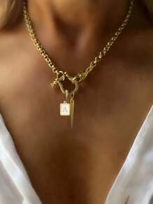 STYLEVER 1PC A-Z Initial Letter Chain,Full Diamond Horseshoe Buckle,Square Smooth Letter Charm Pendant,Stainless Steel Chain,For Celebrating Holiday And Daily,Unique And Exquisite Style