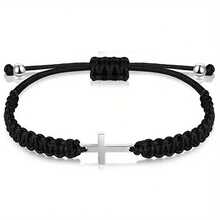 1 pieza Pulsera ajustable trenzada hecha a mano con colgante de cruz de plata con cuentas negras, adecuada para uso diario - Negro - Ver 7