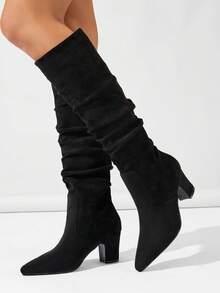 Women's Fashionable Hot-Selling Pointed Toe Pleated High Heel Suede & Leather Knee-High Slip-On-On Black Boots, Autumn/Winter - Black - View 3