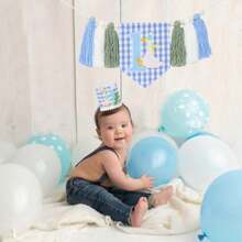 [INS Style Big Goose Theme] 1 Year Old Baby Birthday Party Decorations - Wooden Bead Tassel Garland + Cute Blue Birthday Hat, Boho Style 1st Birthday Party Props, Baby Photo Shoot Background Decor