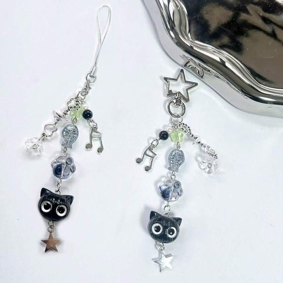 1/2pcs Minimalist Cat Chain Keychain, Cartoon Heart Shaped Metal Bag Charm, Small Cat Head Keyring - Multicolor - View 1