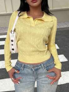 扭结细节 Polo 领长袖黄色针织上衣，简约时尚休闲日常穿着 - 黃色 - 查看 7