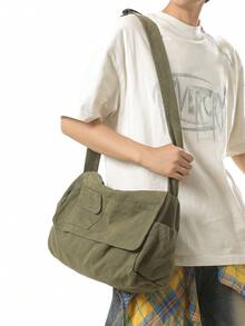 1pc Military Green Vintage Minimalist Flap Shoulder Bag, Thick Washed Canvas Casual Versatile Large Capacity Messenger Bag, American College Style, Suitable For School, Short Trip, Simple Street Bag - Army Green - View 5
