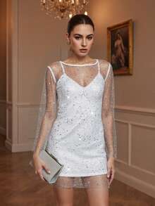 Women's Glitter Mini Dress Long Sleeve Round Neck Sheer Sequin Dress Two Piece Outfit - White - View 1
