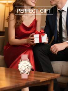 Coach Women's Pink Leather Strap Quartz Wrist Watch with Camellia Pattern Dial Watch Gold-tone Round Case Watch Elegant Dainty Ladies Watch - 粉色 - 查看 6