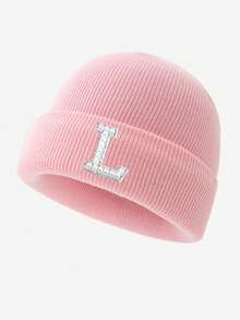 1pc Women's Fashion 26 Faux Pearl Letter Decor Elastic Warm Knit Hat, Outdoor Cold-Proof Cap, Suitable For Autumn/Winter Daily Wear, Matching, Great Gift Autumn Accessories - Pink - View 7