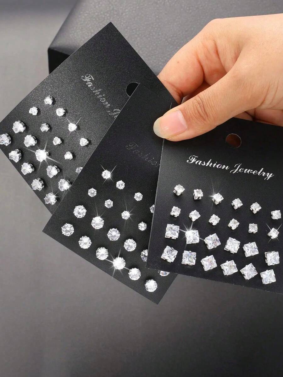 72pcs Geometric Round Heart Square Cubic Zriconia Sparkly Stud Earrings, Simple Punk Hip-Hop Style, Large Set For Parties, Holidays, Dates, Gifts And Daily Wear - Bạc - Xem 1